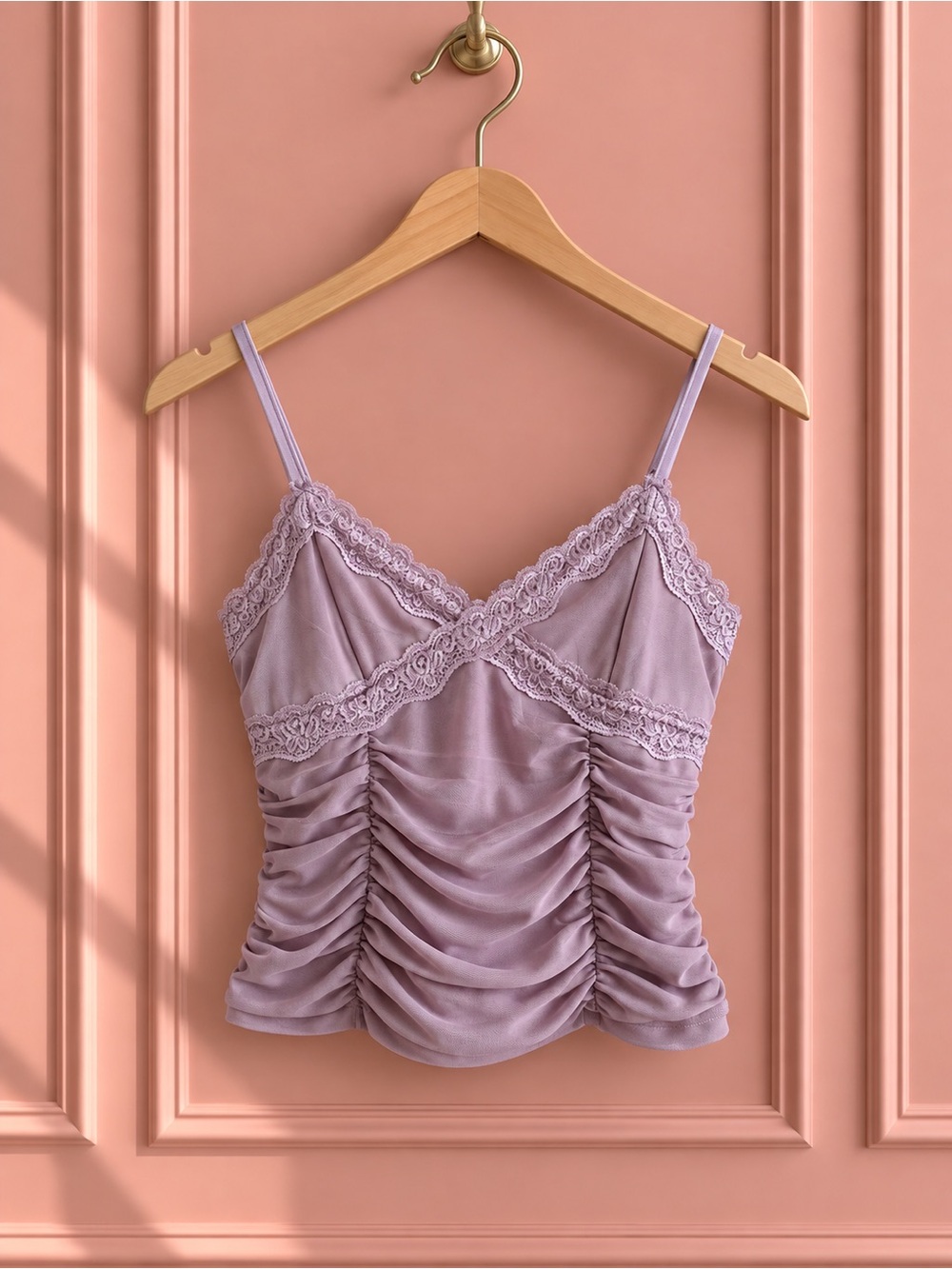Pink Rose Lilac Lace Trim Ruched Cami Top Size S